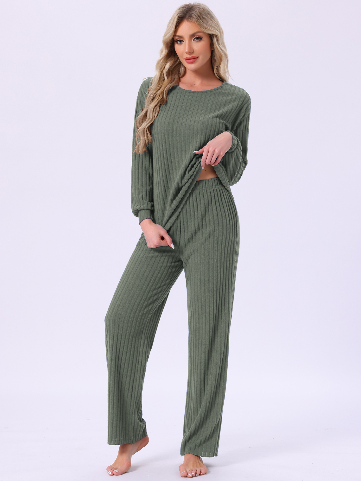 DARING DIVA Ribbed Knit Pajama 2 Piece Long Sleeve Top Pants Sleepwear M Olive Green