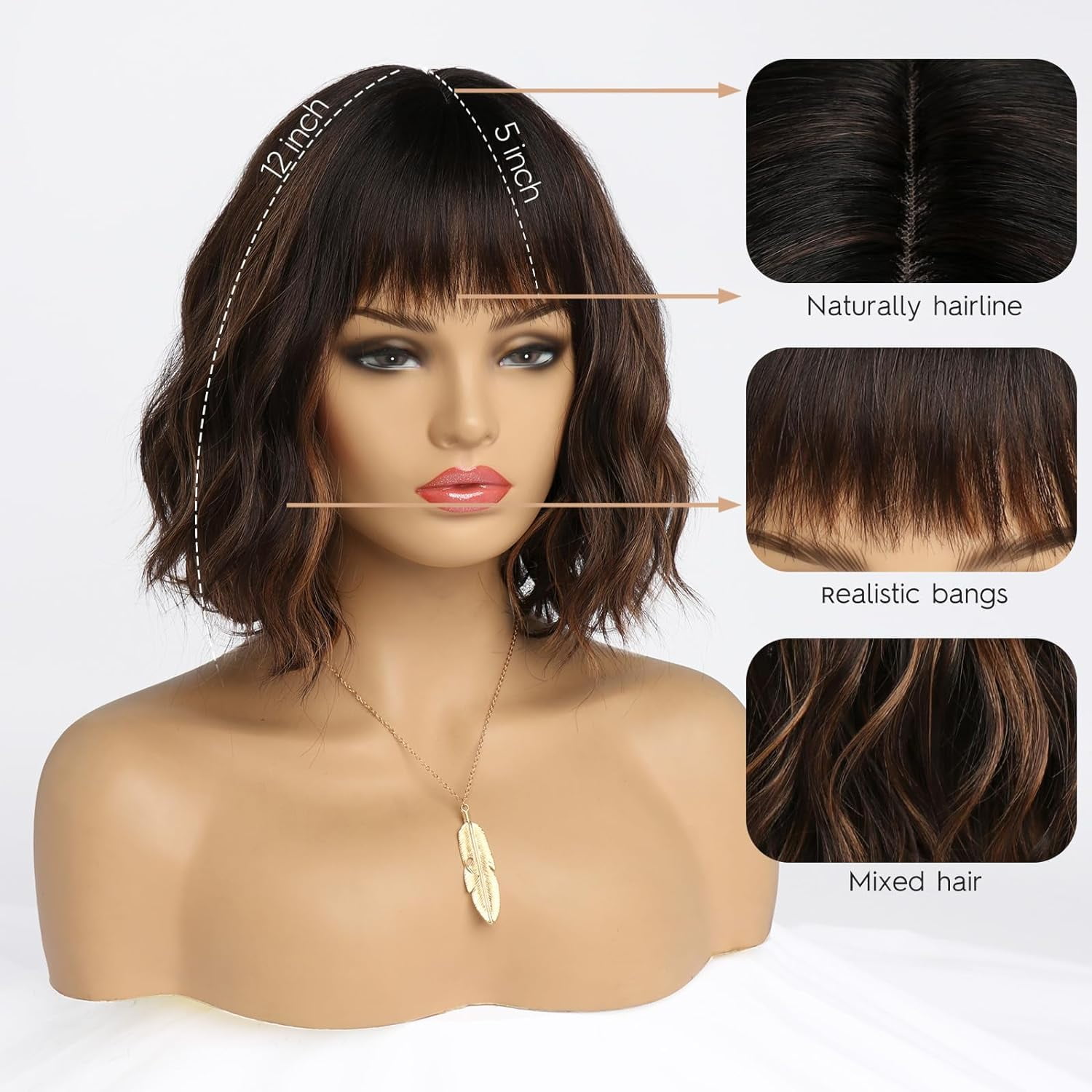 SUCS Short Wigs for Women Grey Wavy Bob Wig with Bangs Medium Length Synthetic Hair Water Wave Dark Roots Wig Gray Colorful Wigs（12 Inches）