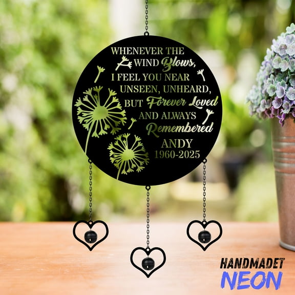 Handmadetneonsign Dandelion Memorial Wind Chimes Rattle, Personalized Remembrance Gift with Name 140035