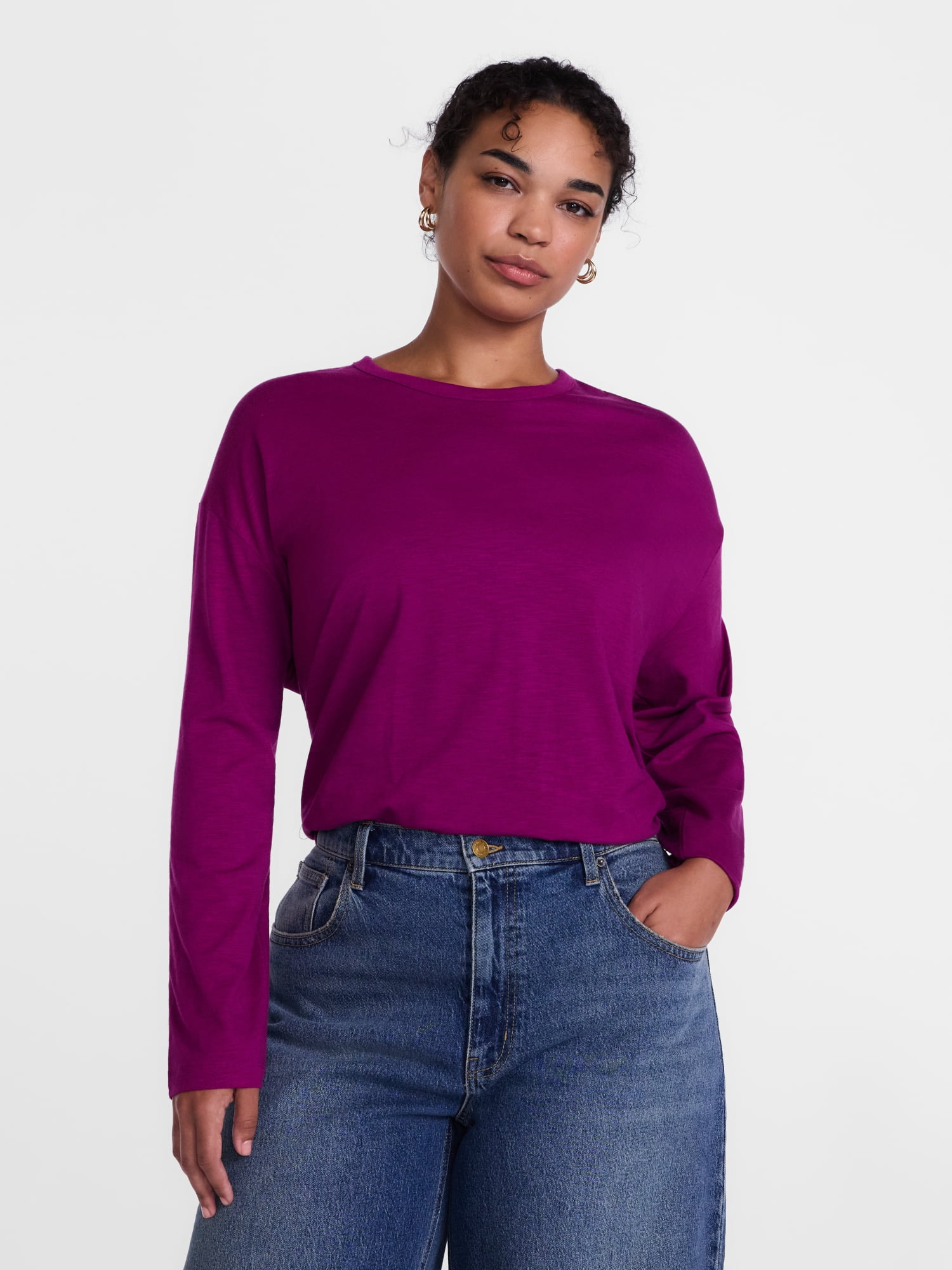 Scenario Women's and Women's Plus Relaxed Slub Tee with Long Sleeves, Sizes XS-4X