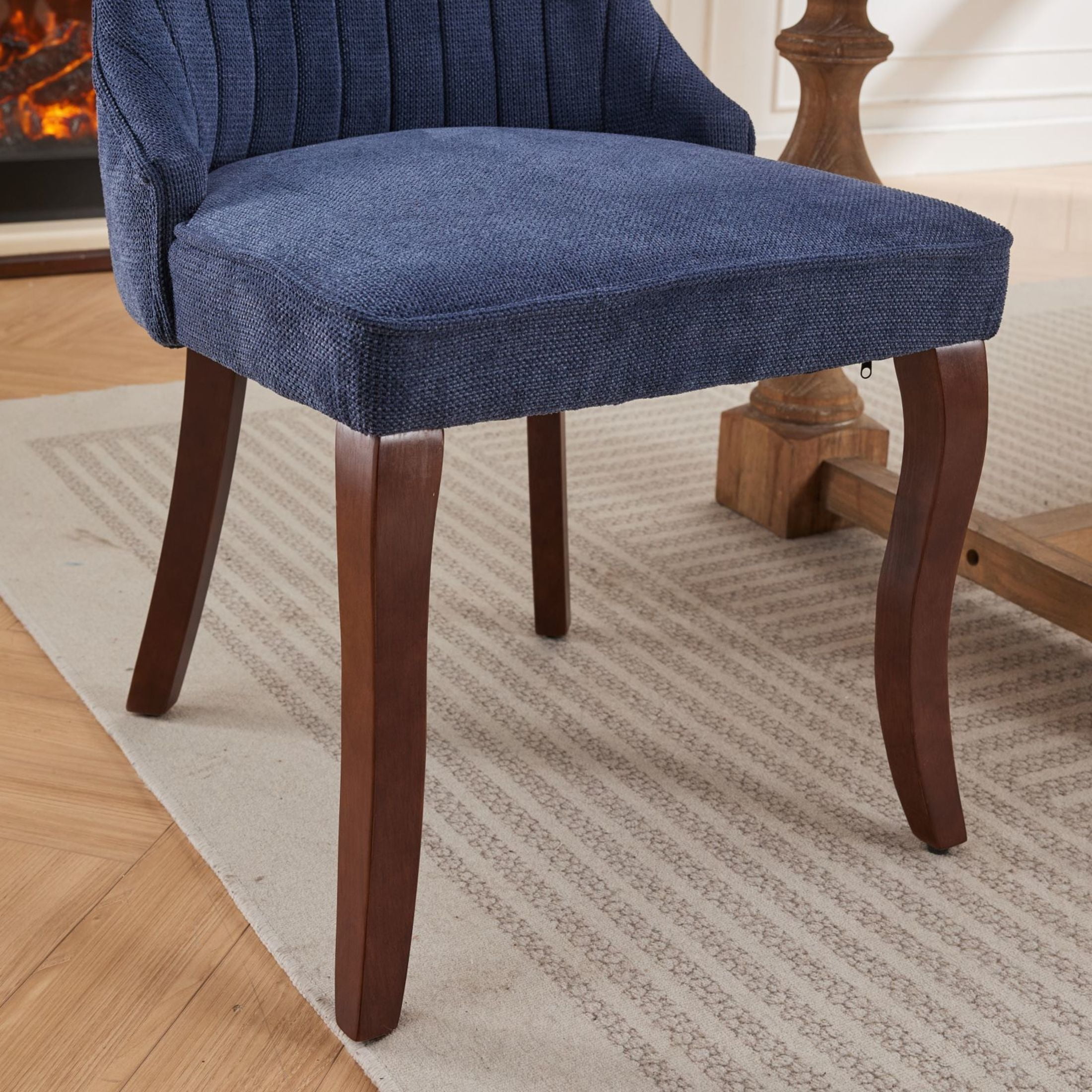 American Traditional High-Back Upholstered Linen Dining Chairs with Solid Wood Legs, Blue, Set of 2