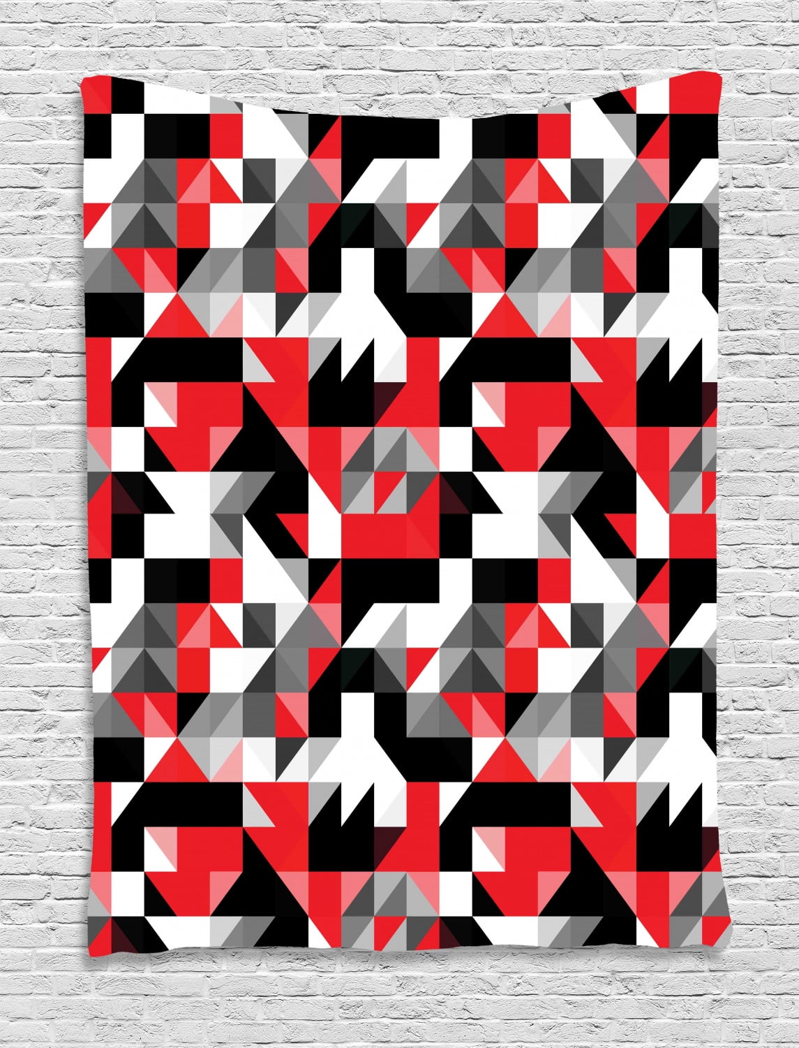 Red And Black Tapestry Abstract Geometric Half Triangles Squares Maze Inspired Image Wall Hanging For Bedroom Living Room Dorm Decor Charcoal Grey