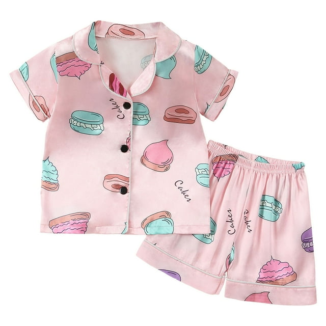 Toimothcn Ensemble de Vêtements pour Filles Manches Courtes Imprimé Gâteau Mignon Pyjama à Col Rabattu Shorts Extensibles 2 Pcs Ensemble de Vêtements de Nuit Doux et Confortable Vêtements de Loisirs pour Filles