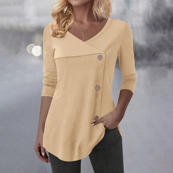EchfiProm Womens Shirts V-Neck Tops Tunic Long Sleeve Beige Loose Blouse Winter for Women
