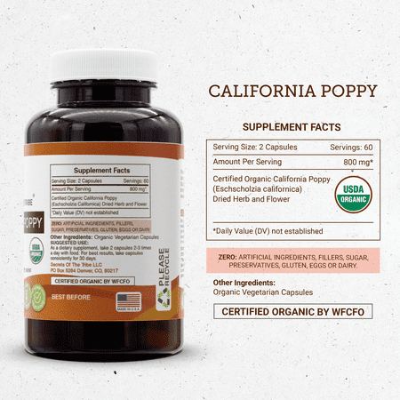 Secrets of the Tribe California Poppy 120 Capsules, Organic California Poppy Eschscholzia May Relieve Muscle Cramps and Headaches 400 mg