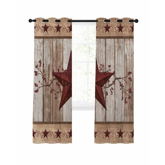 Red Texas Star Vintage Blackout Curtains, Light Blocking Print Window Curtains, Farmhouse Berry Brown Wooden Thermal Insulated Window Drapes for Living Room Kitchen Cafe 2 Panels, 104"W x 90"L