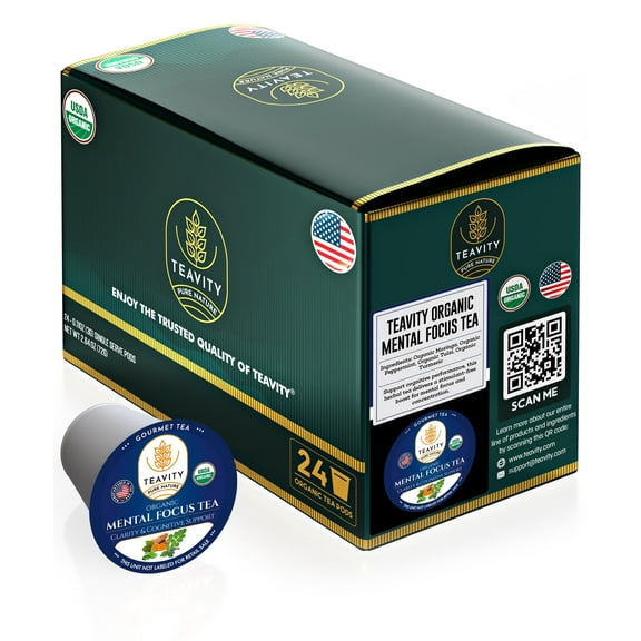Organic Mental Focus Herbal Tea Pods Compatible with Keurig Brewers by Teavity - 24 Tea Pods