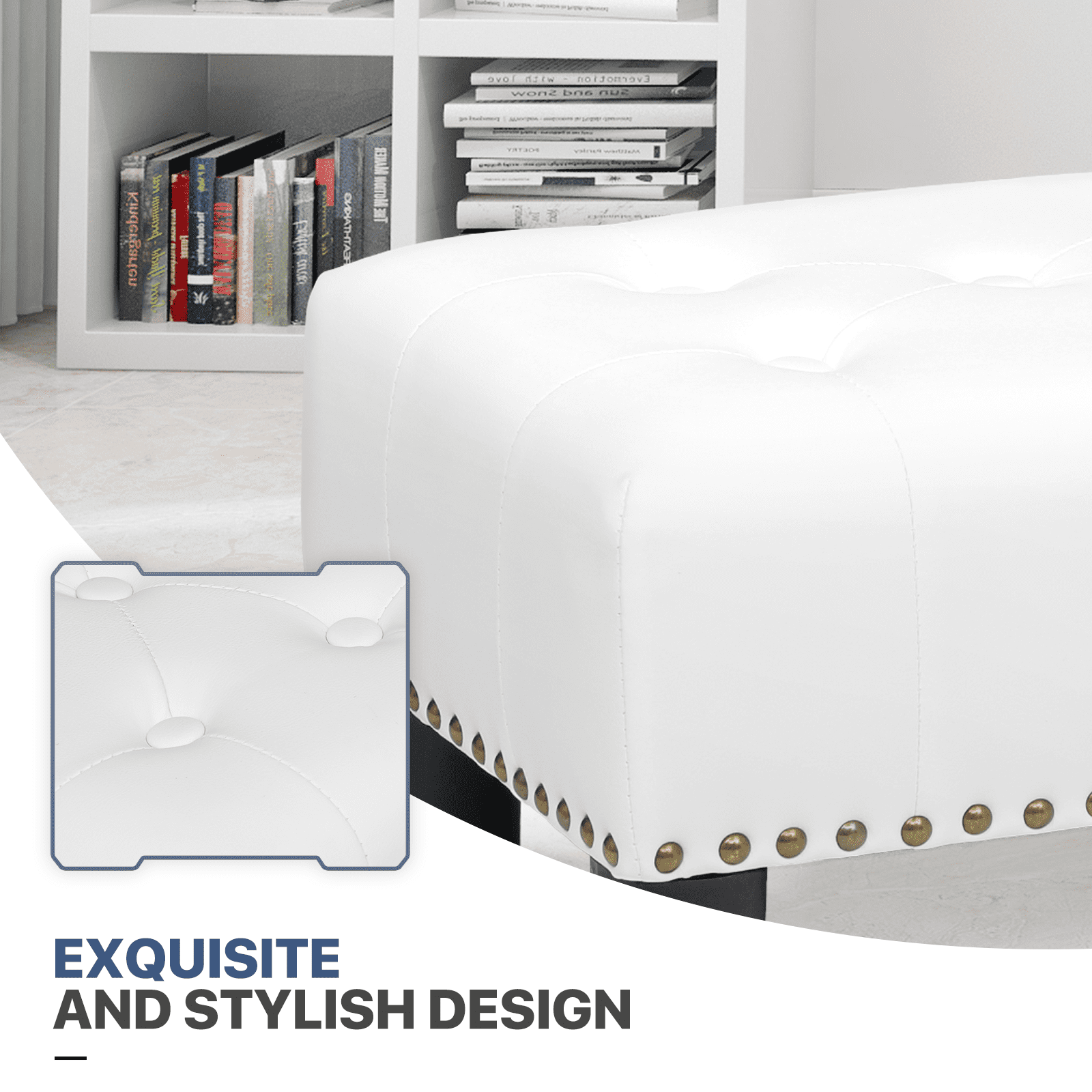 MoNiBloom Footstool Ottoman with Padded Seat, Modern PU Leather Footrest, Rectangular Seat Stool, White