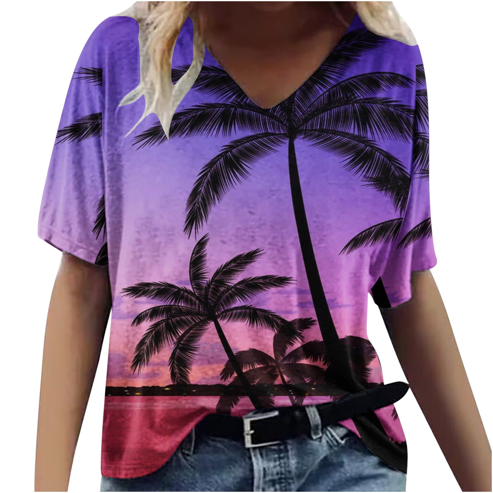 ZQGJB Hawaiian Shirts for Women Trendy Summer Tropical Palm Tree ...