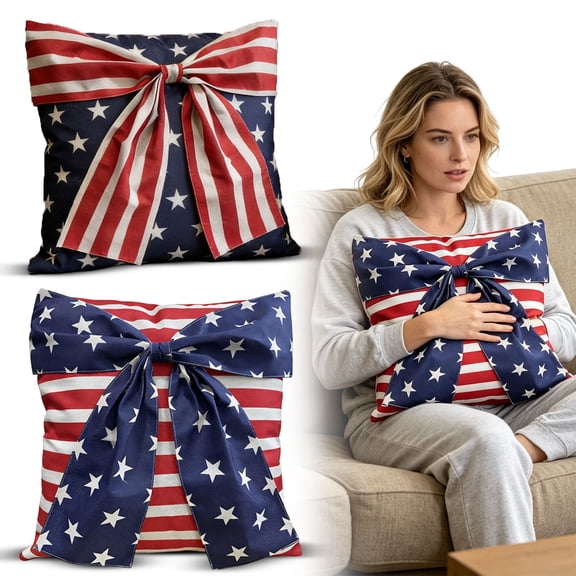 Leutsin Patriotic American Flag Bow Throw Pillow, Red White Blue Stars Stripes Large Bow Design Decorative Pillow, Soft Plush 4th of July Throw Pillow for Couch Sofa Home Decor, 18" x 18"