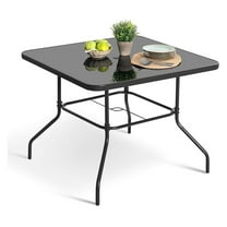 32'' Square Outdoor Table, Patio Table with Umbrella Hole, Patio Dining Table with Tempered Glass, Outdoor Dining Tables, Square Patio Table for Balcony, Backyard, Poolside, Sunroom, Black