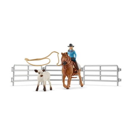 Schleich Farm World 9PC Cowgirl Team Roping Fun Playset with Rider, Calf, & Horse Toys
