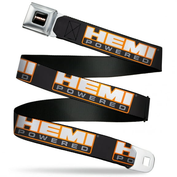 Hemi Belt, Seatbelt Buckle Belt, Hemi Powered Logo Repeat Black Orange White Gray, 30 to 44 Inches