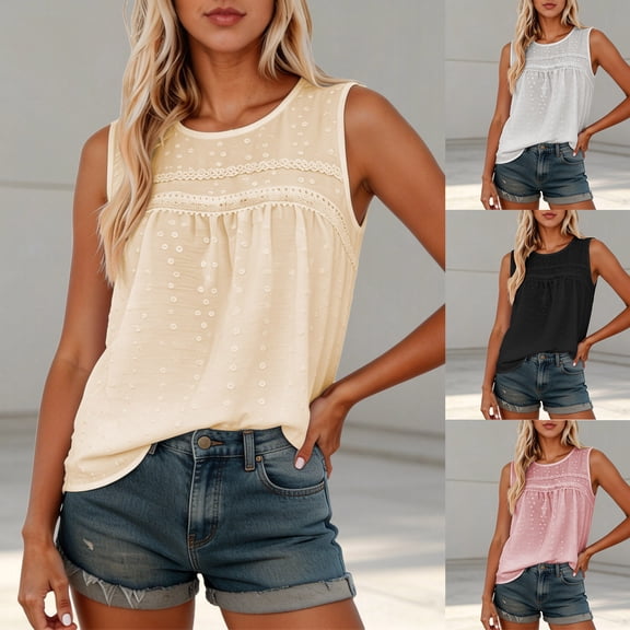 CAIXIA Womens Summer Tops Boho Shirts Crewneck Sleeveless Tank Tops Flowy Lace Hem Casual Blouses Clothing Trendy 2026