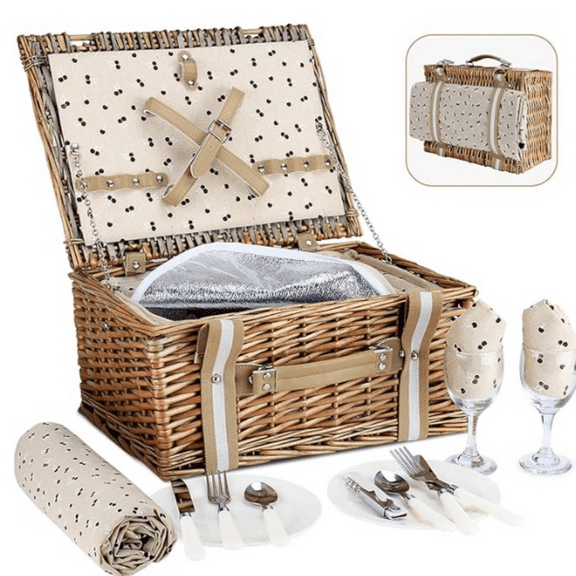 Willow Picnic Basket Set for 2 Persons with Large Insulated Cooler Bag and Waterproof Picnic Blanket, Wicker Picnic Hamper for Camping,Outdoor,Birthday