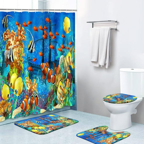 4 Piece Shower Curtain Sets, Western Rustic with Non-Slip Rugs, Toilet Lid Cover and Bath Mat, for Bathroom Decor Set, 72" x 72"
