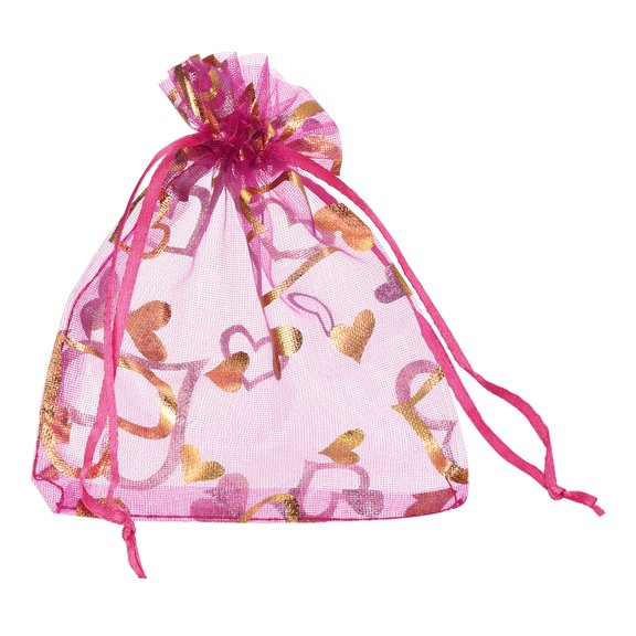 Organza Bag 4" x 5", Heart Mesh Bags Drawstring Gift Bags Party Favor Bag Jewelry Pouches Rose Red-Gold, 100Pcs