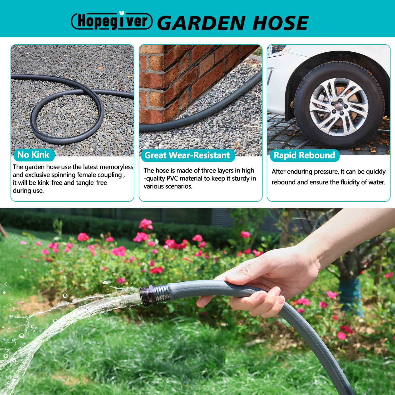 Sunifier Heavy Duty Garden Hose 5/8" x 15 FT, Hybrid Flexible Water Hose,  Kink Free,Lightweight, Leakproof Garden Hose for Outdoor,Backyard, Lawn, Car Wash,Burst 500 PSI