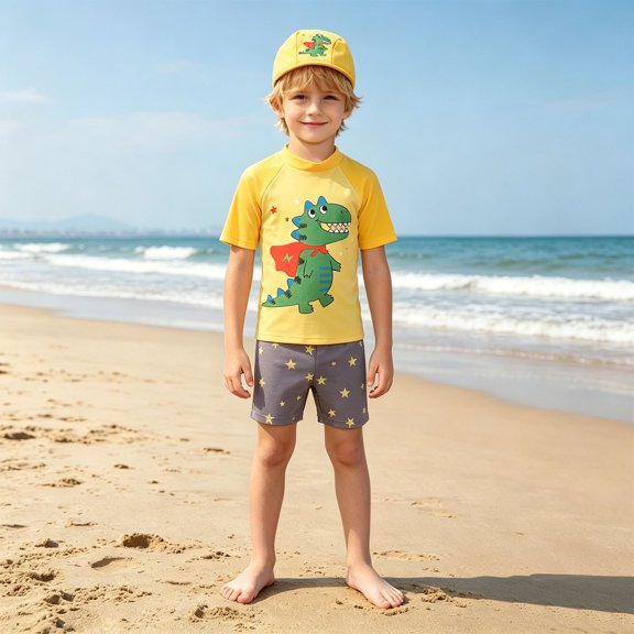 MEZZALL Children Swimsuit Boys Summer Patchwork Cartoon Swimwear With Cartoon Cape Dinosaur Split Design Sun Beach Beachwear For Kids Cool Swim Suits Boho Bathing Suit