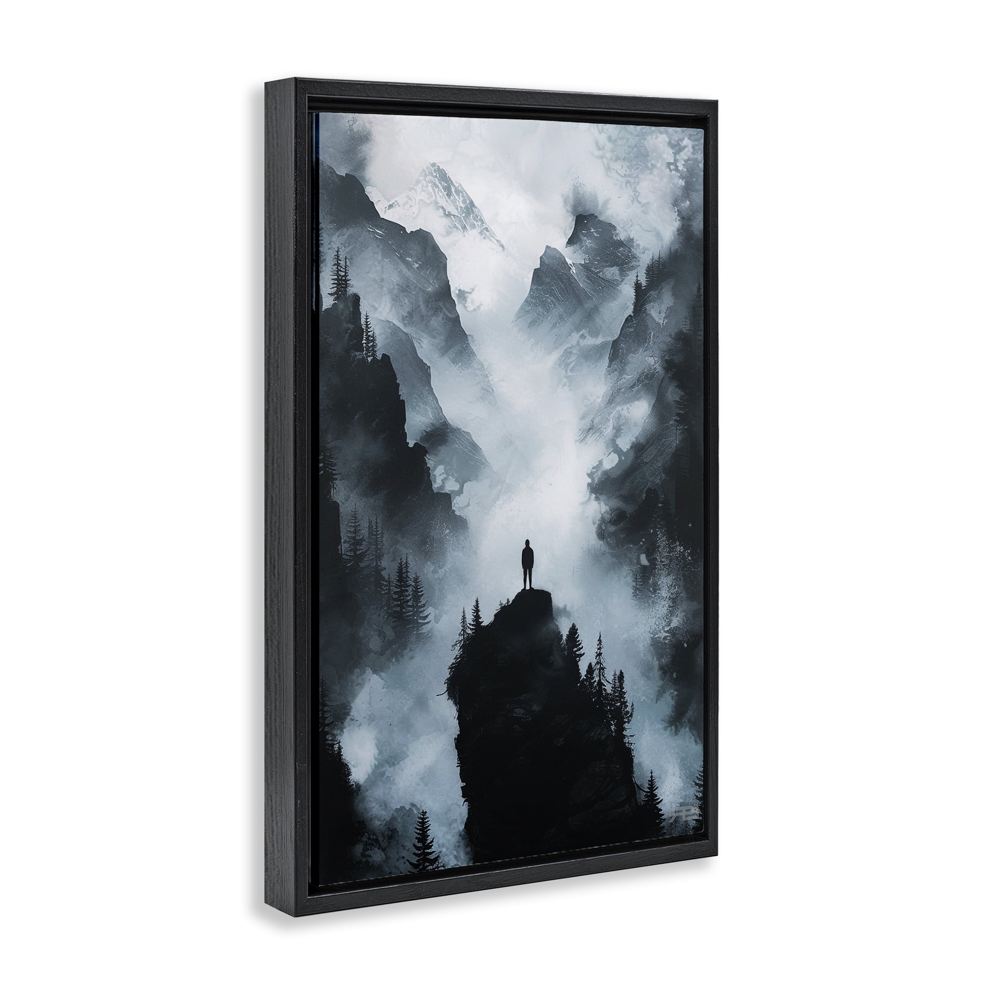 Stupell Industries Man on Intense Cliff Landscape & Nature Painting Black Floater Framed Canvas Art Print Wall Art, 17 x 25