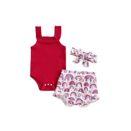 

Wassery Baby Girls Summer Outfit Sets 3 6 12 18 Months Infant Girl Jumpsuit Set Red Sleeveless Ribbed Romper Tops+ Rainbow Print Shorts + Headband 0-18M