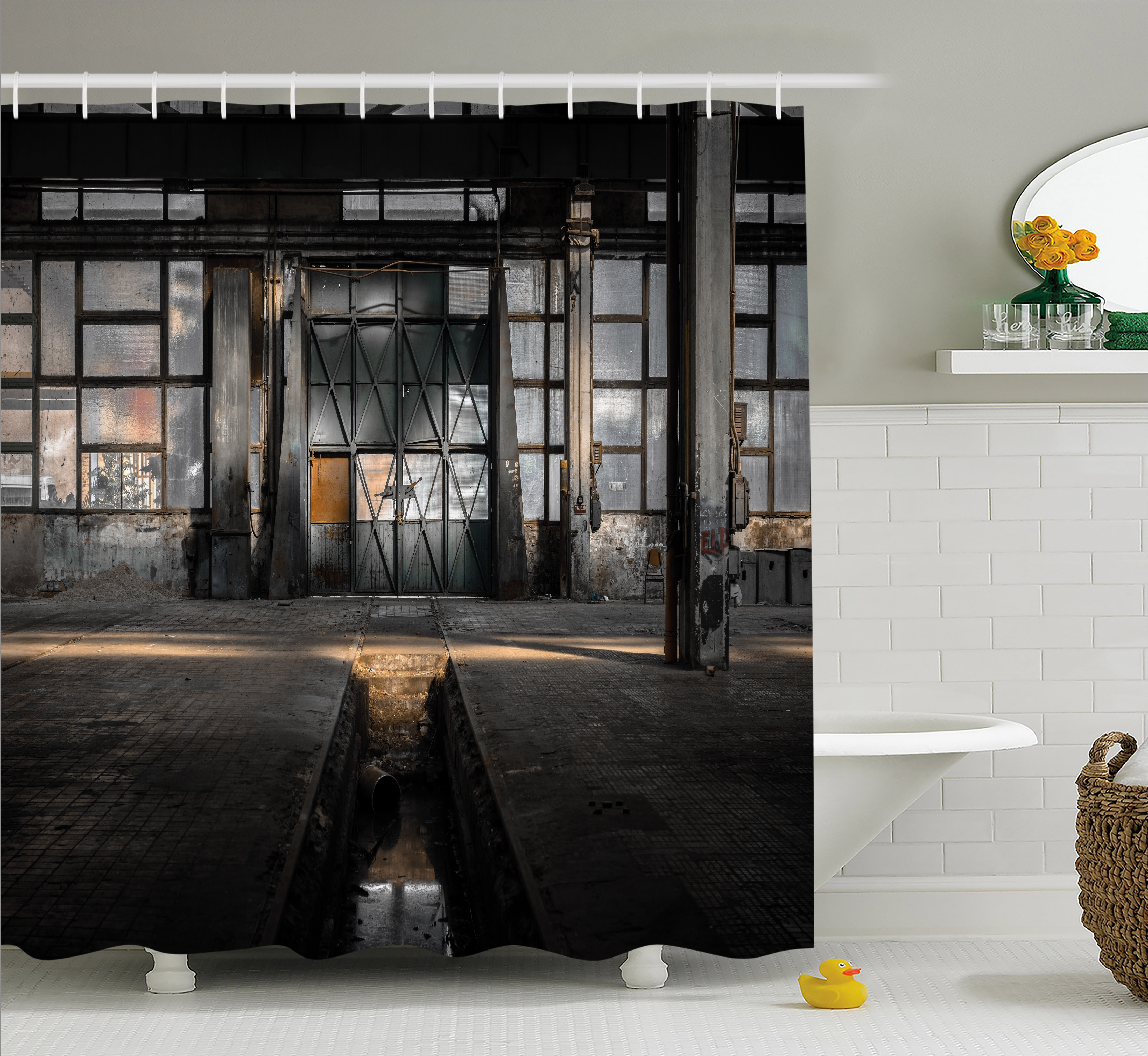 Industrial Decor Shower Curtain, Creepy Dark Interior Derelict