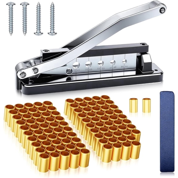 Heavy Duty Bench Hose Crimper for 1/4, 5/16, 3/8in ID Hoses, Hose Crimping Tool with 100 Ferrules Fittings (50x 0.593" ID& 50x 0.625" ID), Air Hose Repair Kit, Air Hose Crimper, Torch Hose Repair Kit