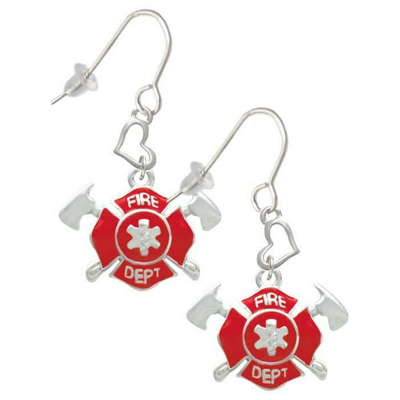 Silvertone Red Fire Department Shield with Axes Heart French Earrings