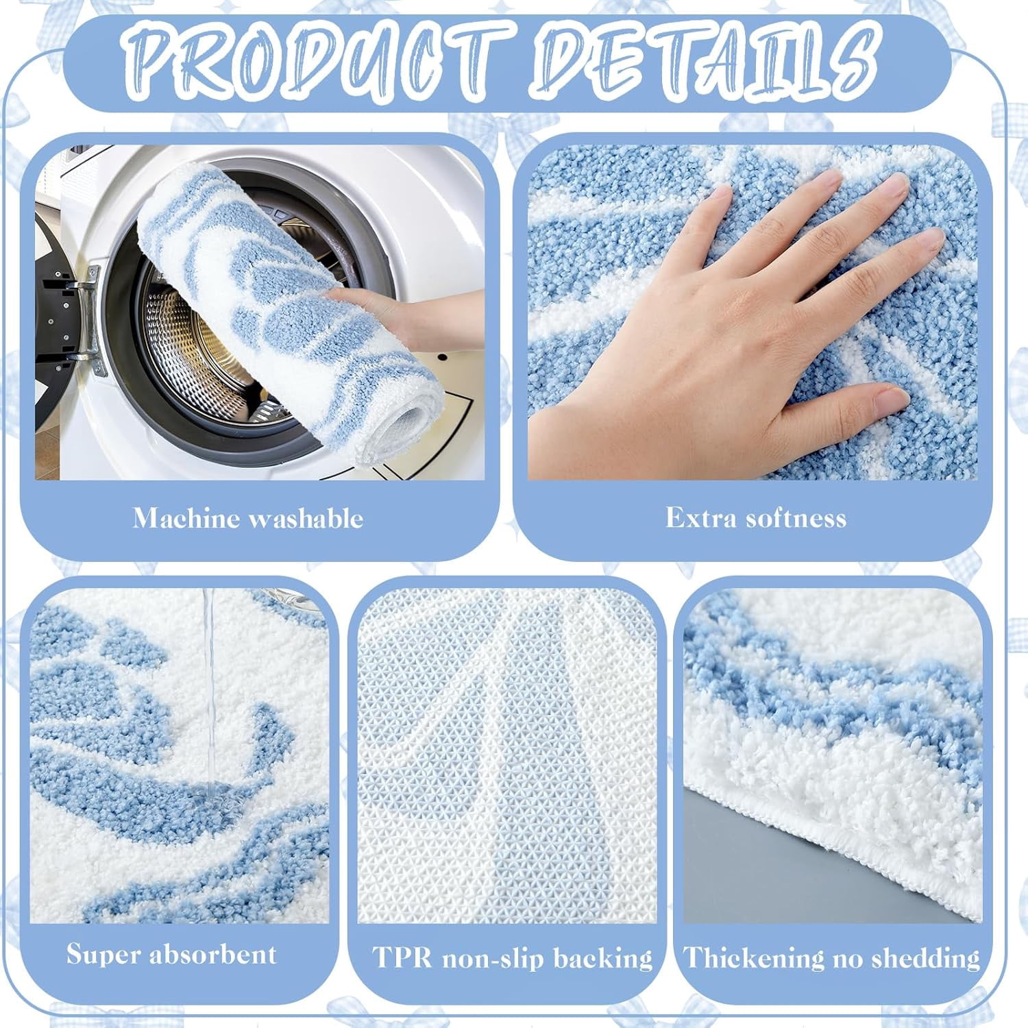 18 Pcs Blue Bow Fabric Shower Curtain Set with 12 Decorative Shower Curtain Hooks Blue Bow Knot Bathroom Towels Coquette Non Slip Absorbent Microfiber Rug for Modern Aesthetic Bathroom