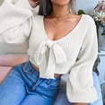 thumbnail image 6 of Women Long Sleeve Crop Front Bowknot Ribbed Knit Pullover Sweaters Fall Winter V Neck Crop Tops Pullover White S, 6 of 8