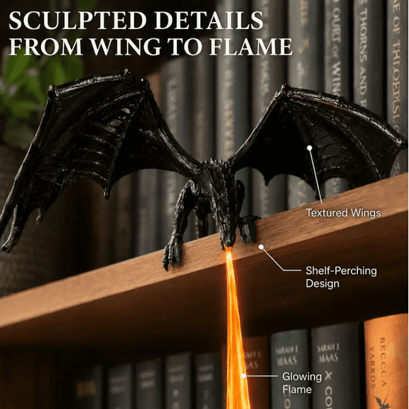 Dragon Shelf Light for Fantasy Book Lovers, Clip-On Black Dragon Sculpture With Simulated Flowing Flame Light, Gothic Ornament For Bookshelf Cabinet Mantel Display