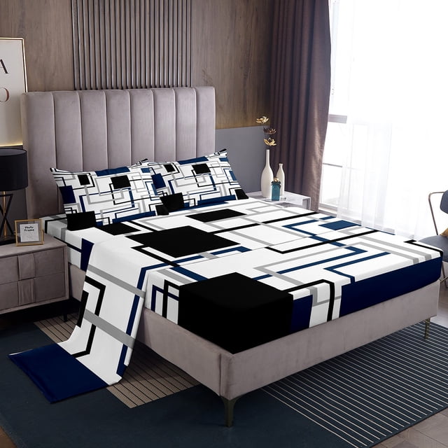 Erosebridal Blue Sqare Sheet Set Twin,Geometric Rectangle Bedding Sets Twin Size,Abstract Decoration,3pcs