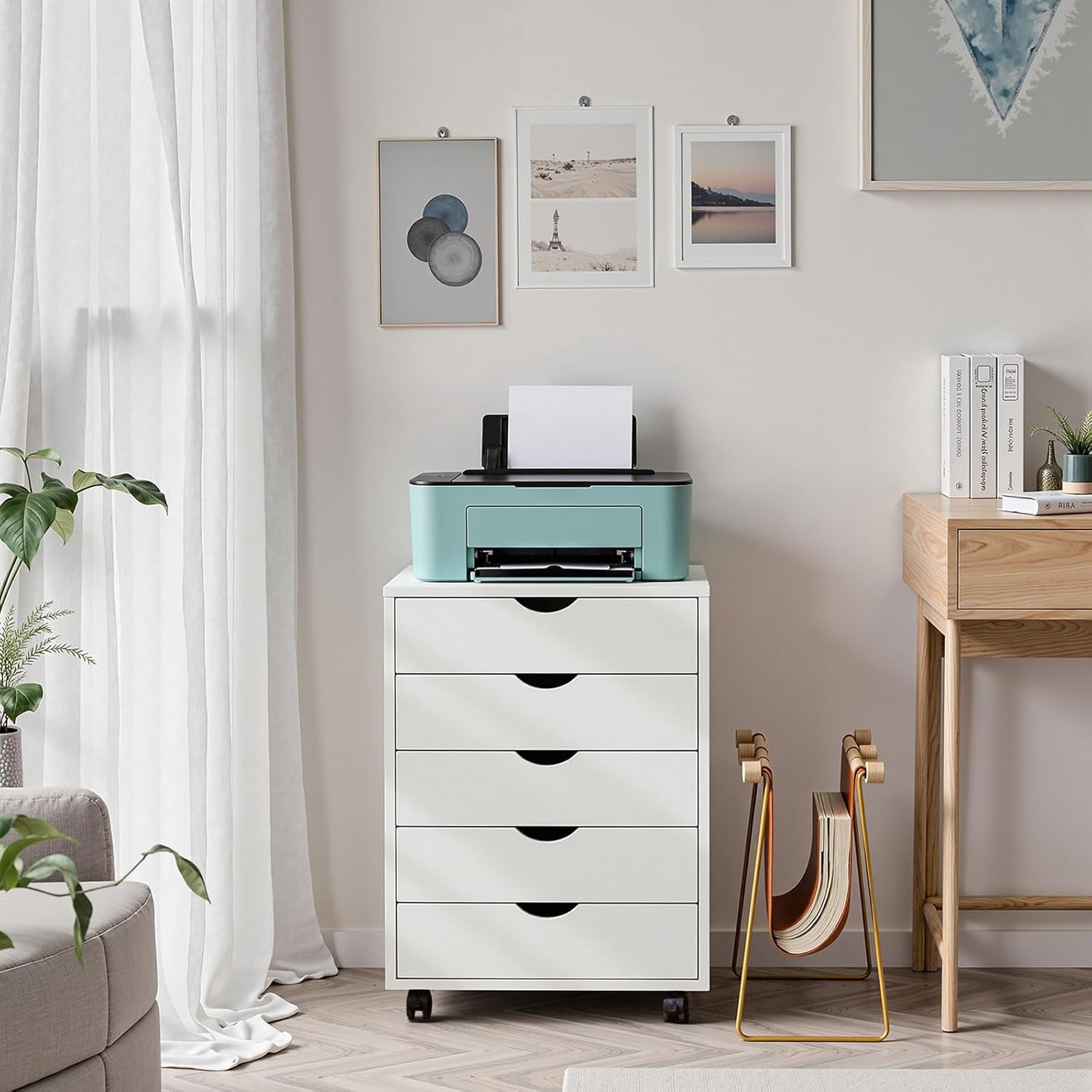 Nextay 5-Drawer Mobile File Cabinet with Wheels, Under Desk Wood Storage Organizer and Printer Stand for Home Office, 15.75"D x 18.74"W x 25.39"H