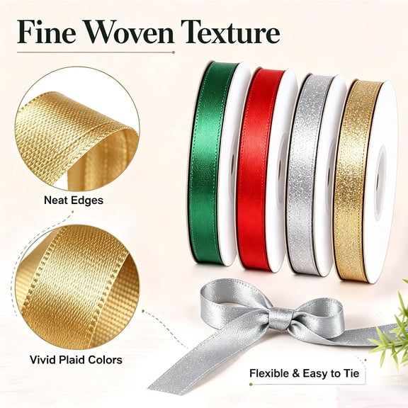 OVFUIZ Christmas Ribbon Wired Gold Glitter Mesh for Christmas Tree Wreath Bow Making Craft Decor