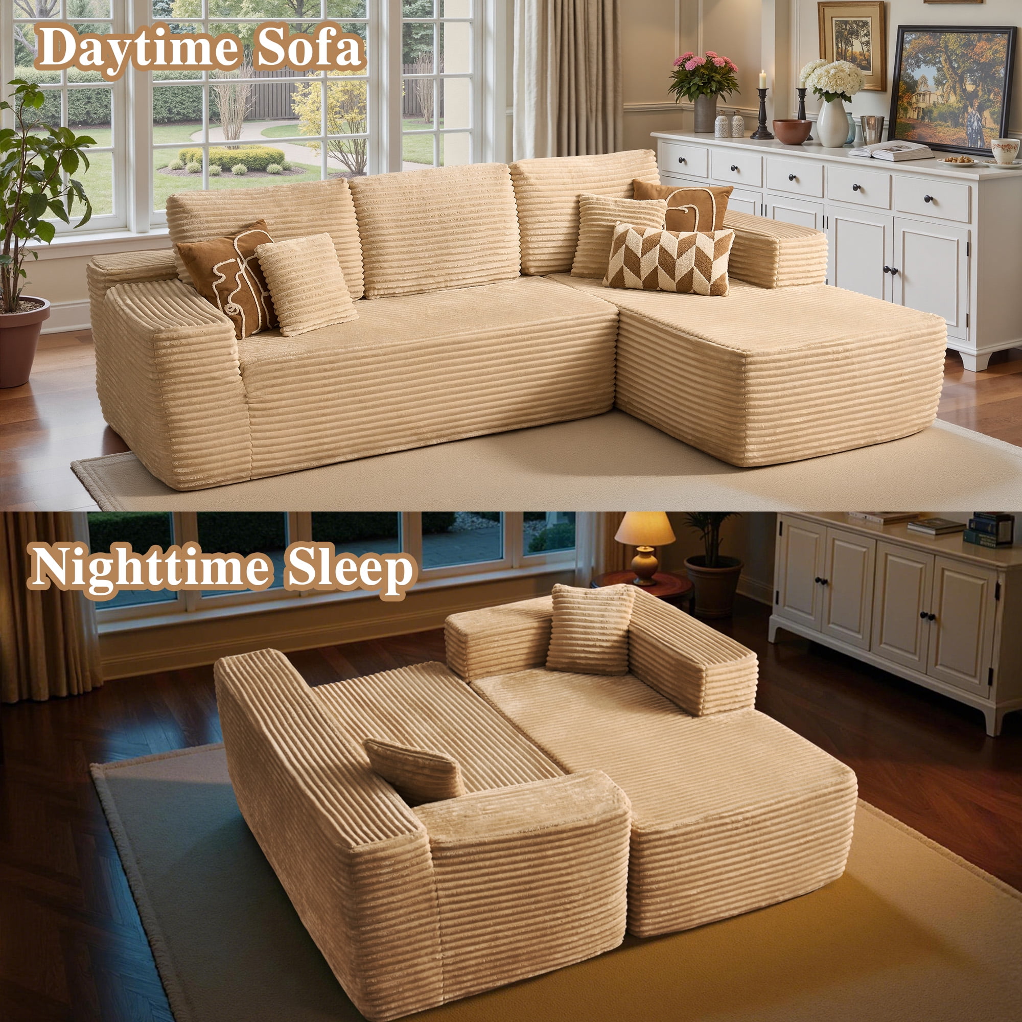 Ovios 106" Cloud Sofa Couch No Assembly Boneless Deep Seat Sofa for Living Room, Beige(Plush Corduroy)