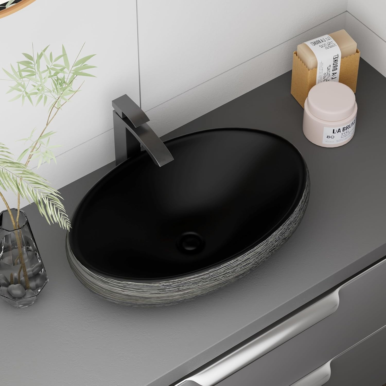 WinZo Bathroom Artistic Vessel Sink, 24x16x5.9 inch Oval Bowl Sink, Retro Ceramic Washbasin Above Counter, Ceramic Porcelain Bathroom Sink Bowl for Vanity, Matte black