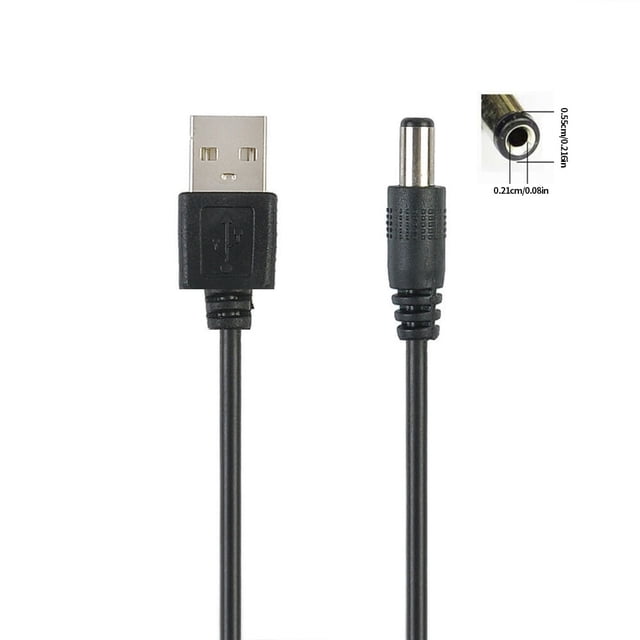 USB adapter USB adapter cable USB adapter charging cable USB adapter DC cable USB to DC adapter cord in black. The cable features a USB male connector on one end and a DC male connector on the other, with a length of 80cm. It supports 5V DC voltage and includes multiple DC connector sizes: 2.5x0.7mm, 3.5x1.35mm, 4.0x1.7mm, and 5.5x2.1mm. The durable and compact design makes it suitable for replacing worn or damaged cables.