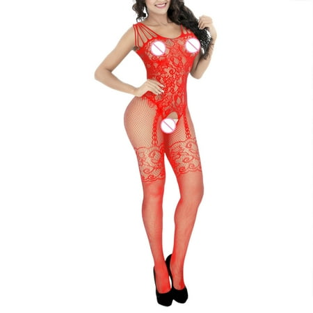 FUNUONY Big Sale! Women s Mesh Bodystocking Fishnet Bodysuits One Piece Jumpsuit Underwear Nightwear Fishnet Bodysuits Catsuit Transparent Open Crotch See Through Full Body Stockings Red One Size