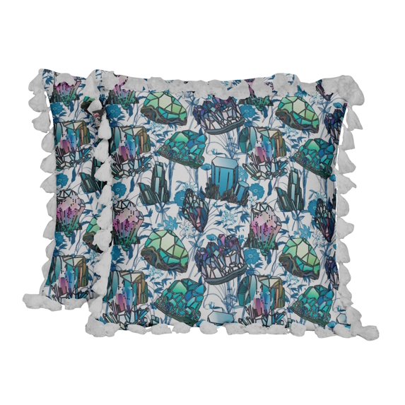 S4Sassy Leaves|Floral & Crystals Ocean Blue Cotton Flex Living Room Tassel Sofa Cushion Cover Printed Home Decor Pillow Cases 2Pcs-18 x 18 Inches