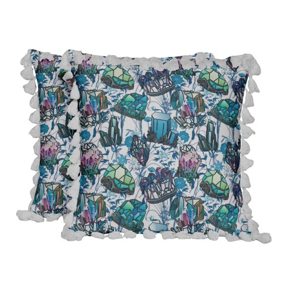 S4Sassy Leaves|Floral & Crystals Ocean Blue Cotton Flex Living Room Tassel Sofa Cushion Cover Printed Home Decor Pillow Cases 2Pcs-18 x 18 Inches