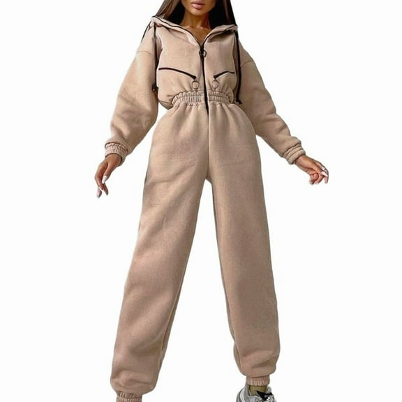 Women Fleece Jumpsuits Outfits Hooded Sweatshirt Set High Waist Ladies Jumpsuit Apricot XL