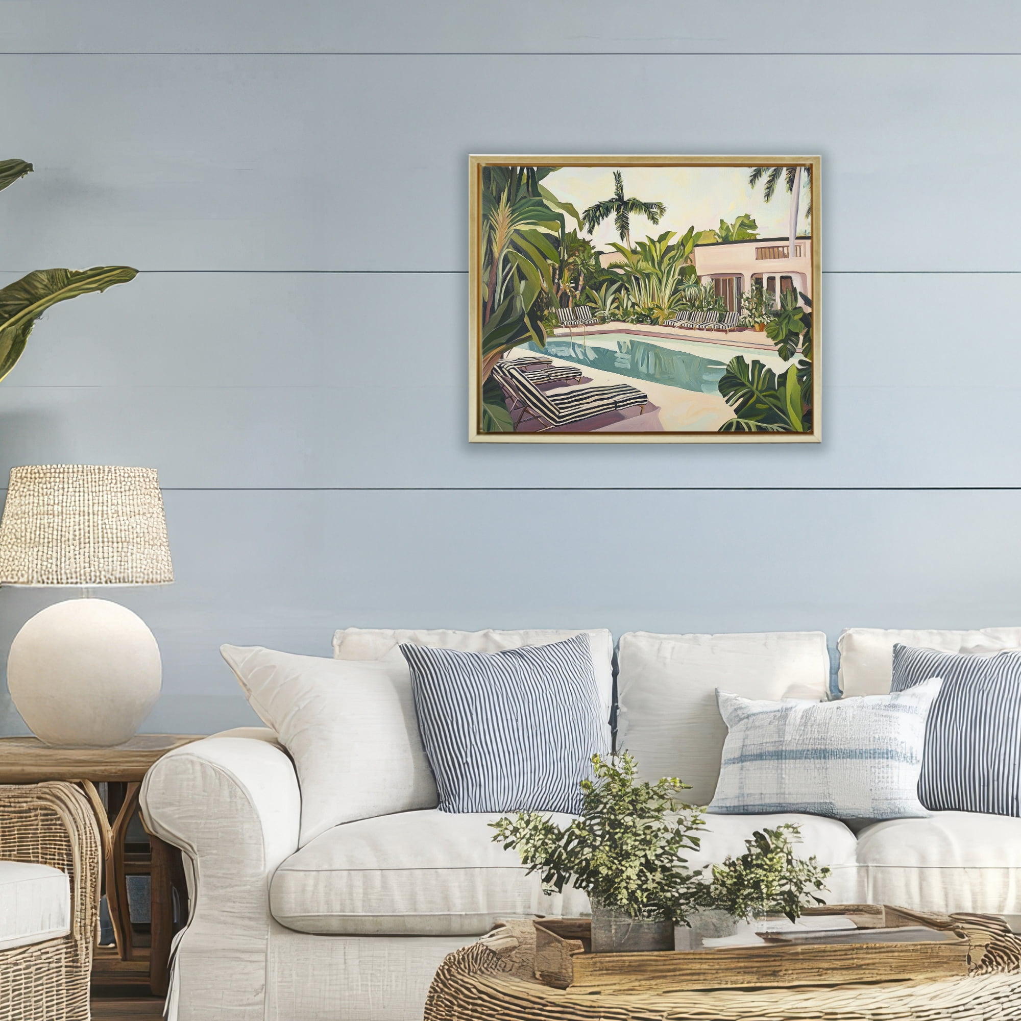 Stupell Industries Poolside Resort Lounge Chairs Gold Framed Floater Canvas Wall Art, design by Sisi and Seb