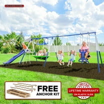 Sportspower Outdoor Rosemead Metal Swing Set for Kids Ages 3-8 with Roman Glider & Saucer, 6.5ft Slide & Bonus Anchor Kit, 6ft Steel Frame