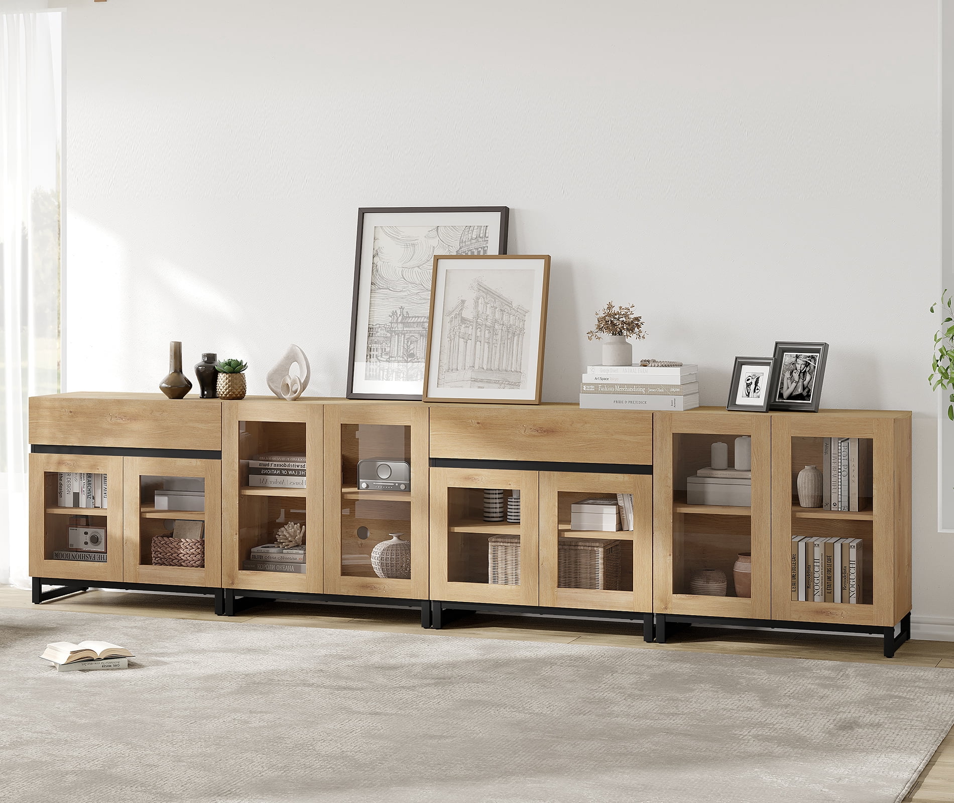 Modern 4-in-1 Chest Of Drawers, Multifunctional Storage Dresser with Glass Doors, 2 Drawers and Adjustable Shelf for Bedroom Living Room,Oak