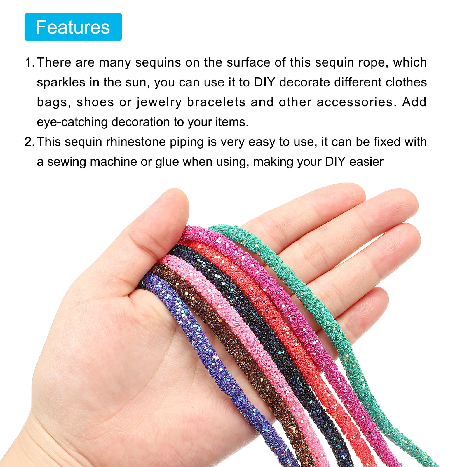 Uxcell 5 Yard 6mm 0.24 Inch Glitter Sequins Rope, 2 Pcs Sequins Rhinestone Tube Cord for DIY Wedding Dresses Costume Clothing Shoes Jewelry Accessory, Glitter Black