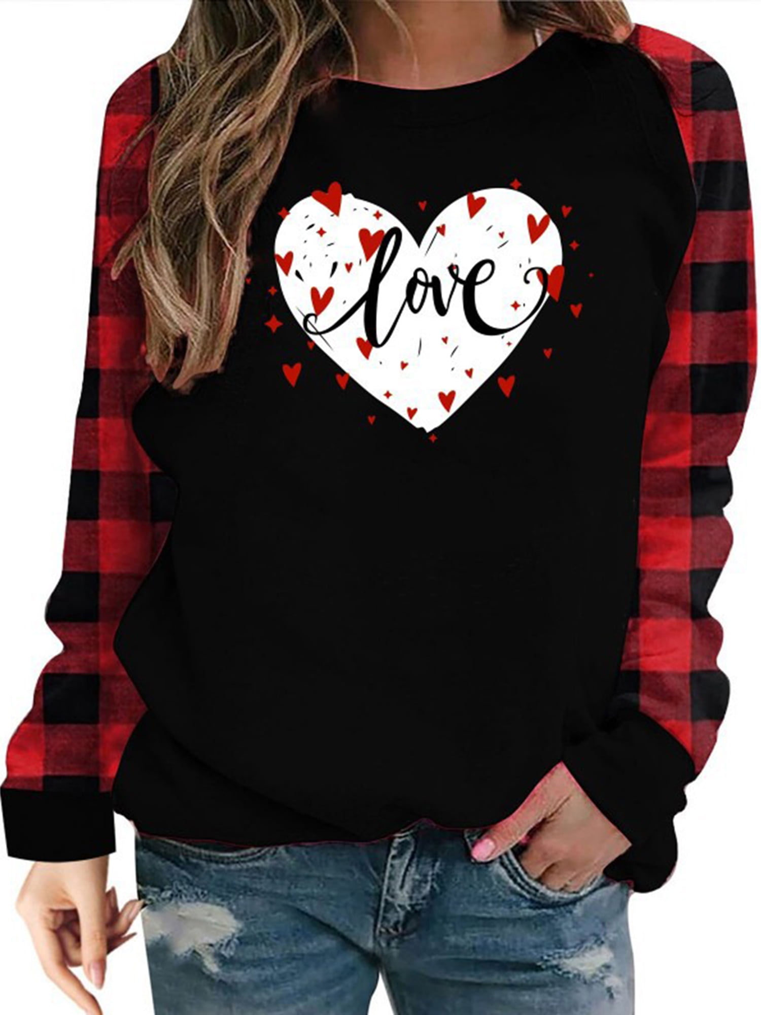 Women's Valentine's Day Tops Raglan Pullover Sweater Plaid Patchwork ...