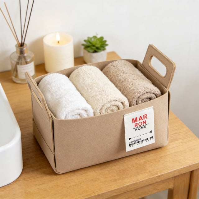 Cesta de almacenamiento de fieltro plegable con asas, 0.68 galones, organizador de juguetes colapsable, cesto de ropa sucia, organizador multiusos para el hogar en caqui o marrón.