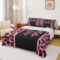 Feelyou Leopard Print Bowknot Full Size Sheets, Kawaii Pink Cheetah Polkadots Bed Sheets, Teens Kids Boys Girls Sheet Sets, Luxury Bedroom Decor, 4 Pieces