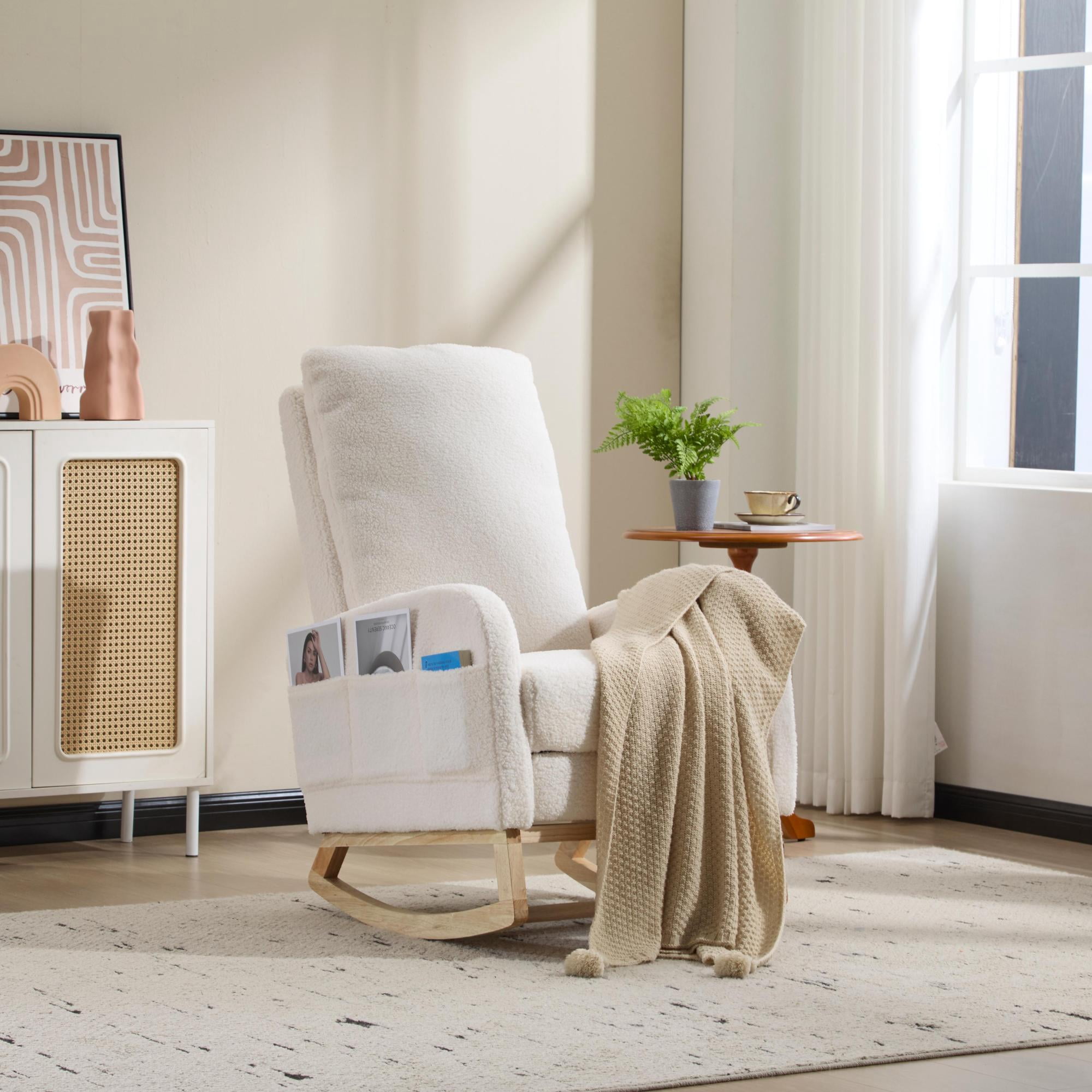 Leumius Rocking Chair Nursery with Footrest, Teddy Fleece Upholstered Glider Rocker Chairs w/ Curved Solid Wood Base & Side Pocket,Modern High Backrest Nursing Accent Rockers for Living Room, Bedroom