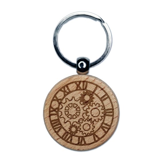 Clock Face with Gears Round Keychain Charm Tag - Engraved Wood